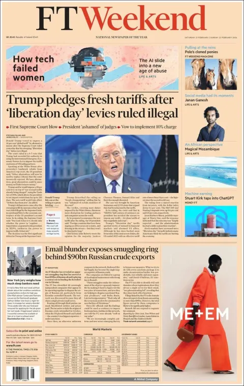 Portada de Financial Times del sábado, 21 de febrero de 2026