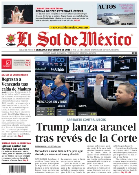 Portada de El Sol de Mexico del sábado, 21 de febrero de 2026