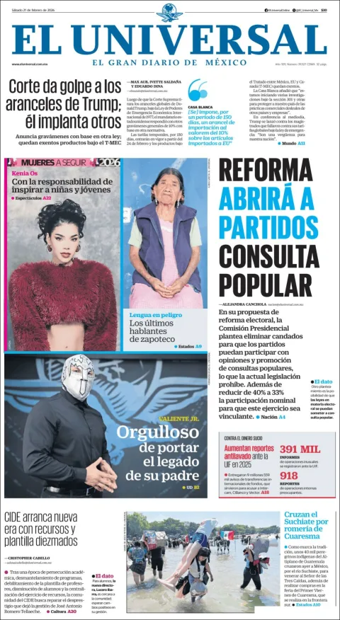 Portada de El Universal del sábado, 21 de febrero de 2026