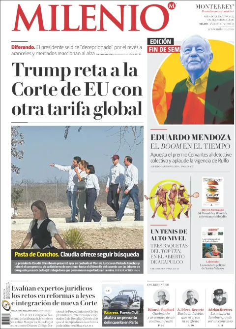 Portada de Milenio del sábado, 21 de febrero de 2026