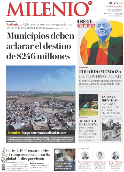 Portada de Milenio Hidalgo del sábado, 21 de febrero de 2026