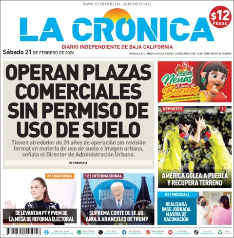 Portada de La Cronica del sábado, 21 de febrero de 2026