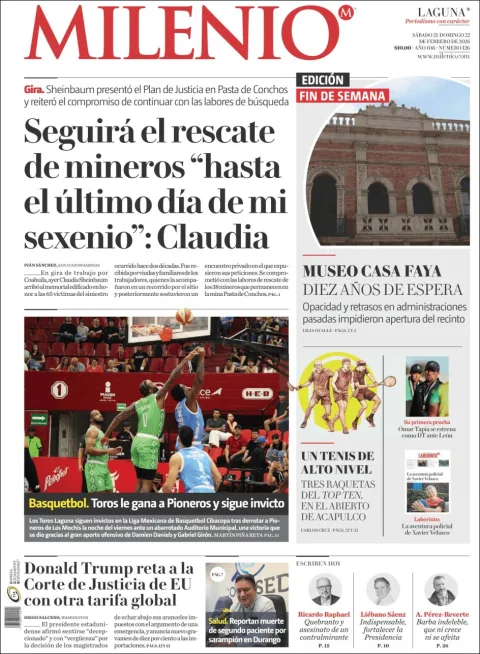 Portada de Milenio Laguna del sábado, 21 de febrero de 2026