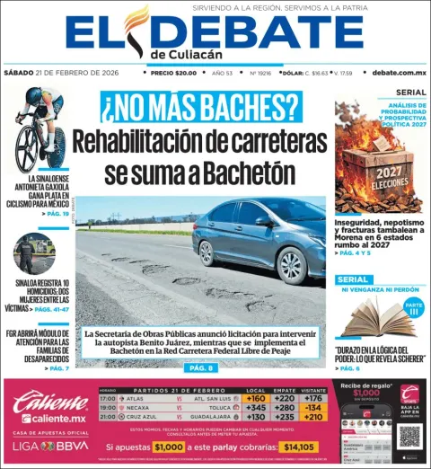 Portada de El Debate de Culiacan del sábado, 21 de febrero de 2026