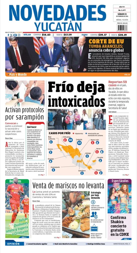 Portada de Novedades Yucatan del sábado, 21 de febrero de 2026