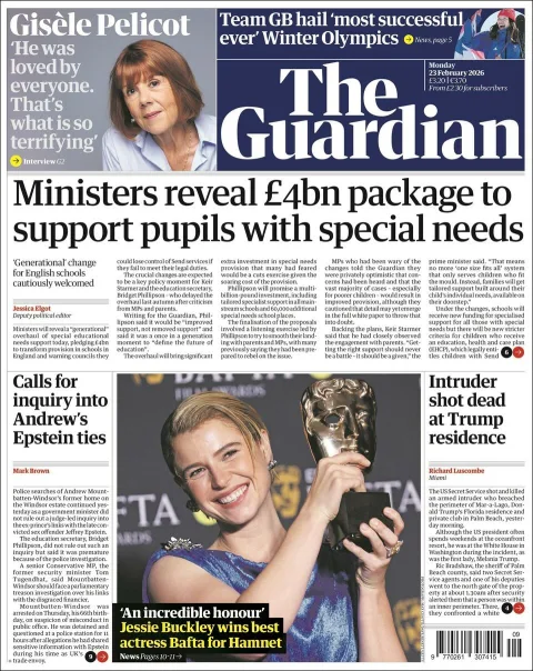 Portada de The Guardian (reino Unido) del lunes, 23 de febrero de 2026