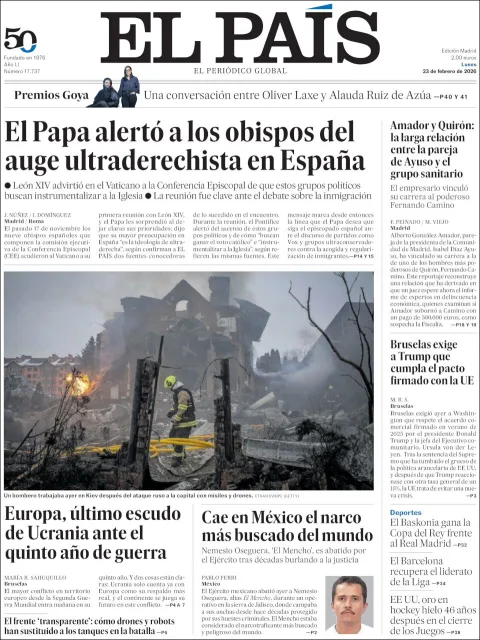 Portada de El Pais del lunes, 23 de febrero de 2026