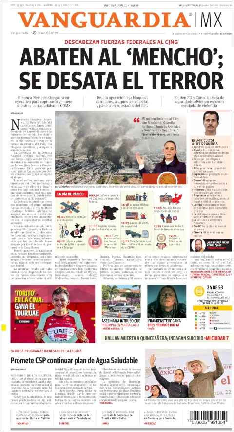 Portada de Vanguardia del lunes, 23 de febrero de 2026
