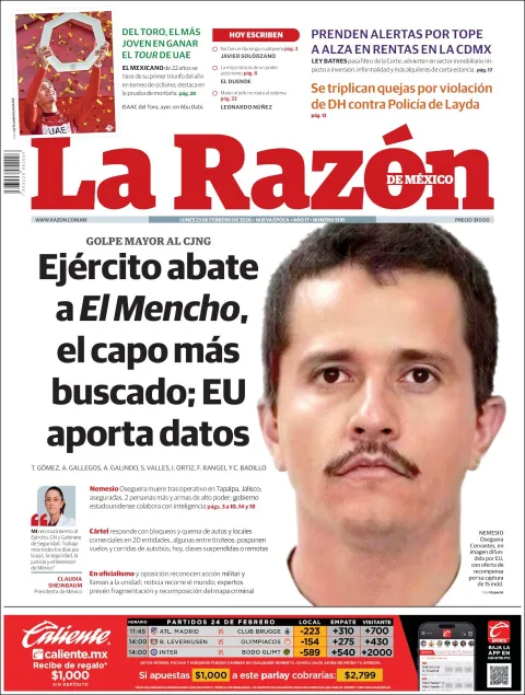 Portada de La Razon del lunes, 23 de febrero de 2026