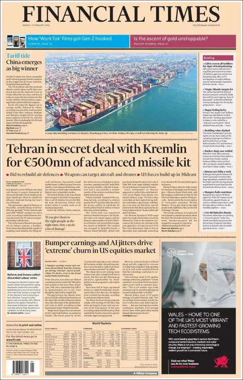 Portada de Financial Times del lunes, 23 de febrero de 2026