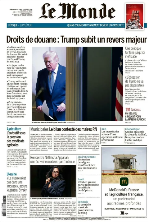 Portada de Le Monde del lunes, 23 de febrero de 2026