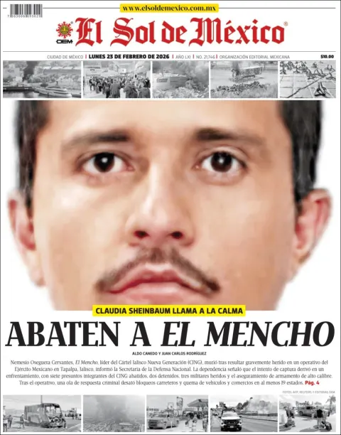 Portada de El Sol de Mexico del lunes, 23 de febrero de 2026