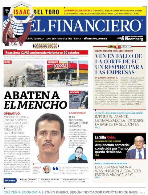 Portada de El Financiero del lunes, 23 de febrero de 2026