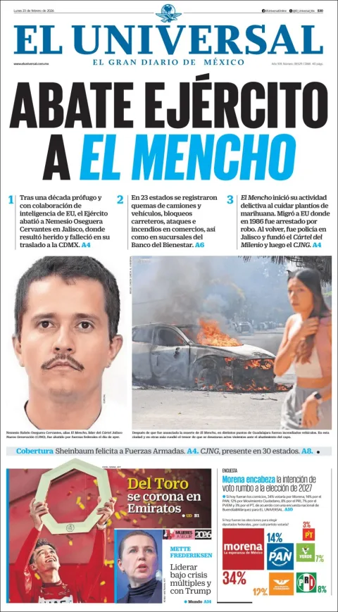 Portada de El Universal del lunes, 23 de febrero de 2026