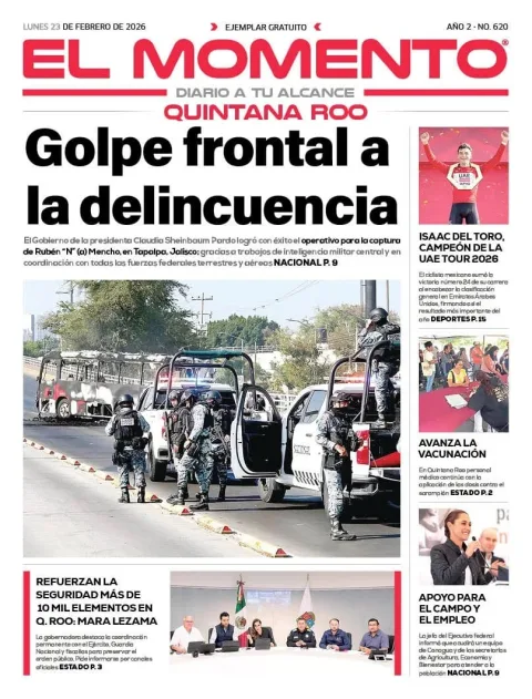 Portada de El Momento Quintana Roo del lunes, 23 de febrero de 2026