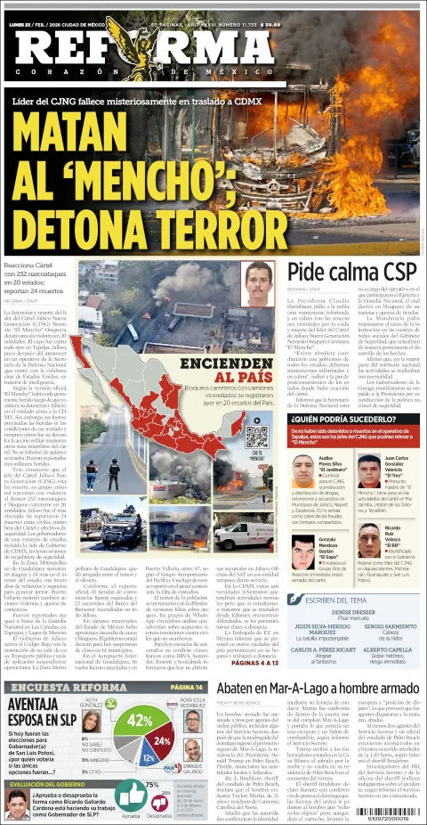 Portada de Reforma del lunes, 23 de febrero de 2026