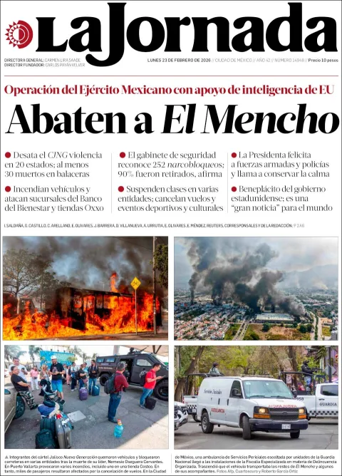 Portada de La Jornada del lunes, 23 de febrero de 2026