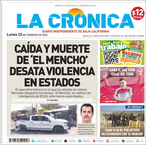 Portada de La Cronica del lunes, 23 de febrero de 2026
