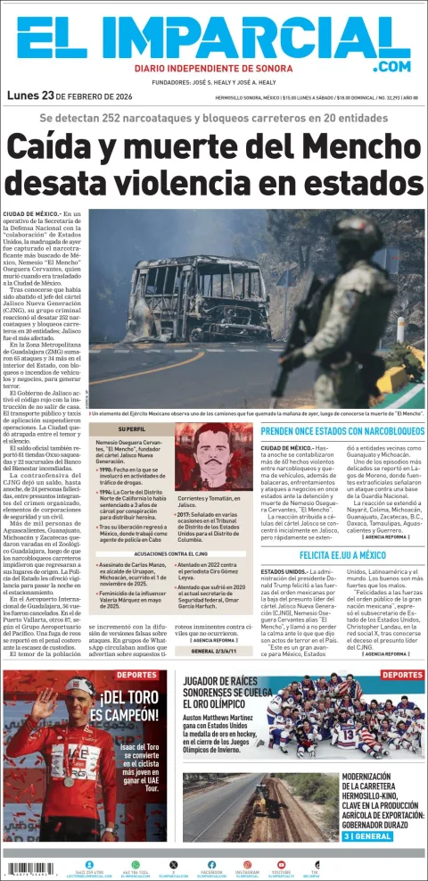 Portada de El Imparcial del lunes, 23 de febrero de 2026