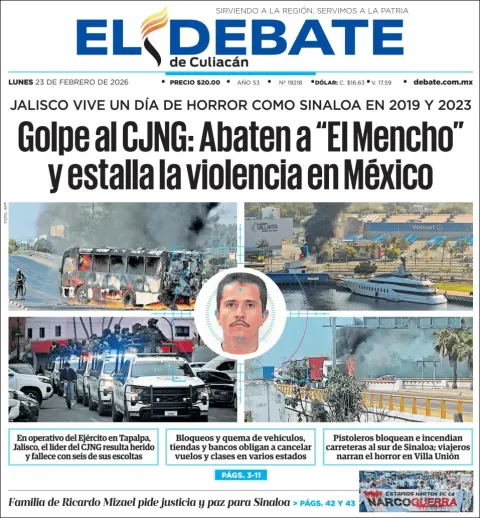 Portada de El Debate de Culiacan del lunes, 23 de febrero de 2026