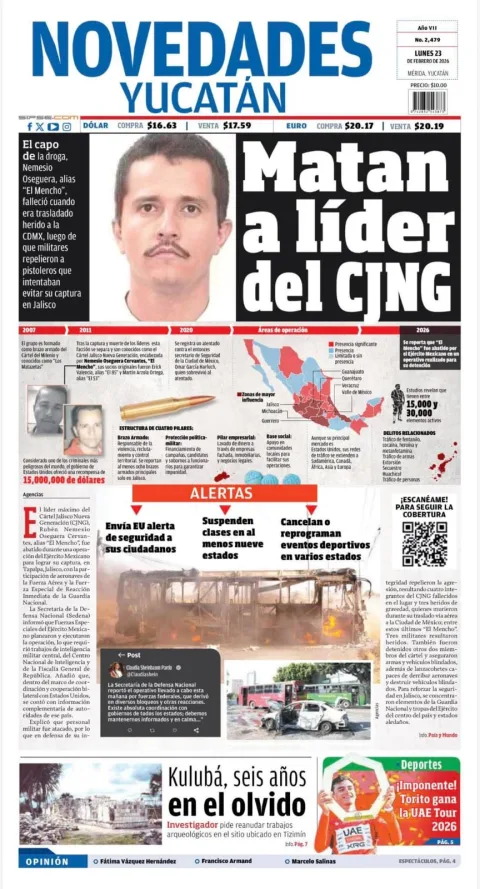 Portada de Novedades Yucatan del lunes, 23 de febrero de 2026