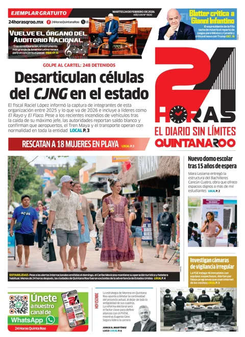 Portada de 24 Horas Quintana Roo del martes, 24 de febrero de 2026