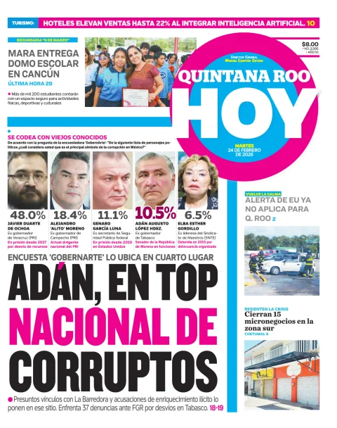 Portada de Quintana Roo Hoy (portada) del martes, 24 de febrero de 2026