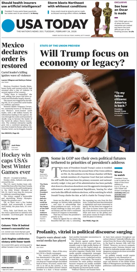 Portada de Usa Today del martes, 24 de febrero de 2026