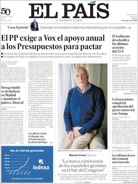 Portada de El Pais del martes, 24 de febrero de 2026