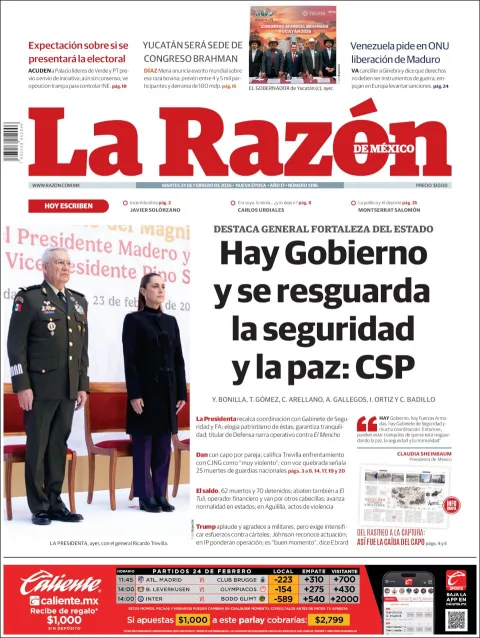 Portada de La Razon del martes, 24 de febrero de 2026