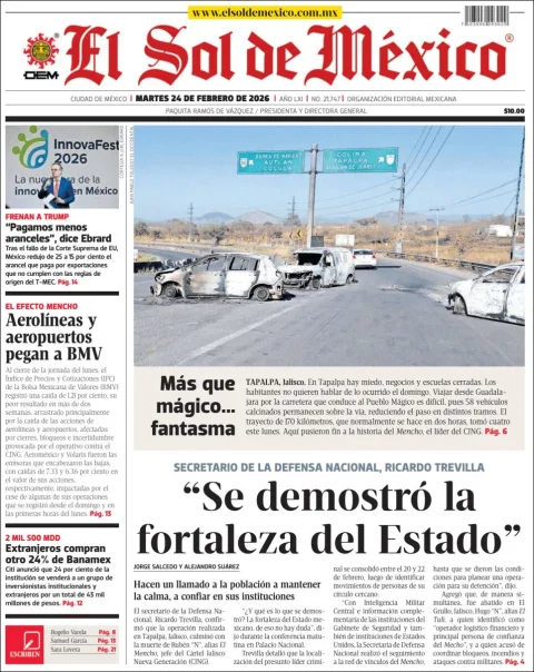 Portada de El Sol de Mexico del martes, 24 de febrero de 2026