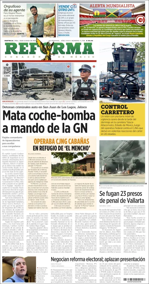 Portada de Reforma del martes, 24 de febrero de 2026