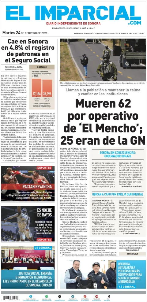 Portada de El Imparcial del martes, 24 de febrero de 2026