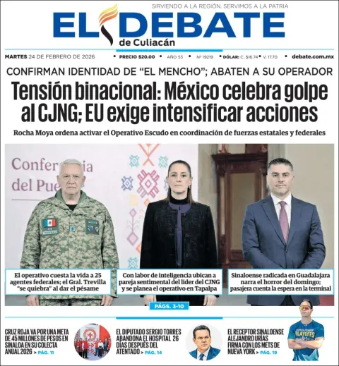 Portada de El Debate de Culiacan del martes, 24 de febrero de 2026