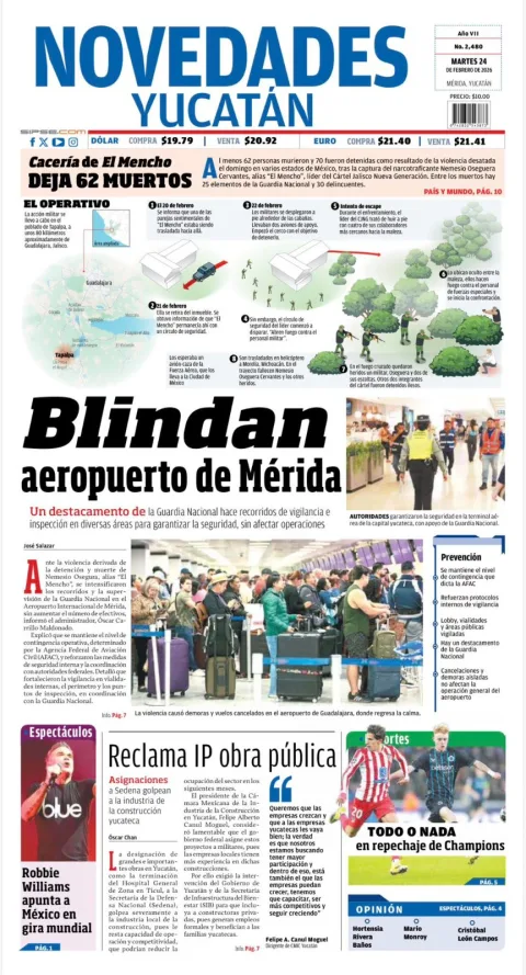 Portada de Novedades Yucatan del martes, 24 de febrero de 2026