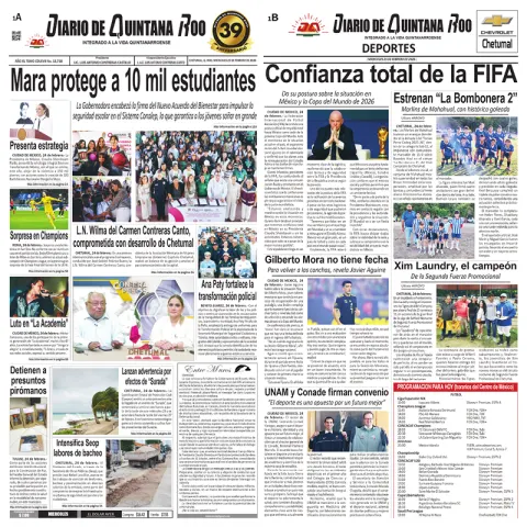 Portada de Diario de Quintana Roo (portada) del miércoles, 25 de febrero de 2026