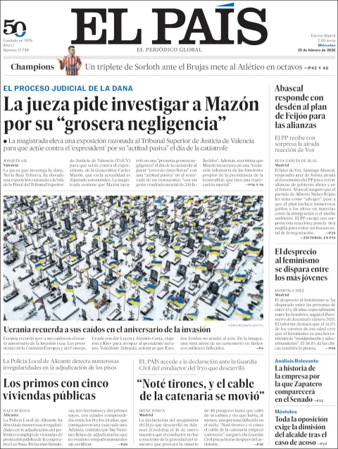Portada de El Pais del miércoles, 25 de febrero de 2026