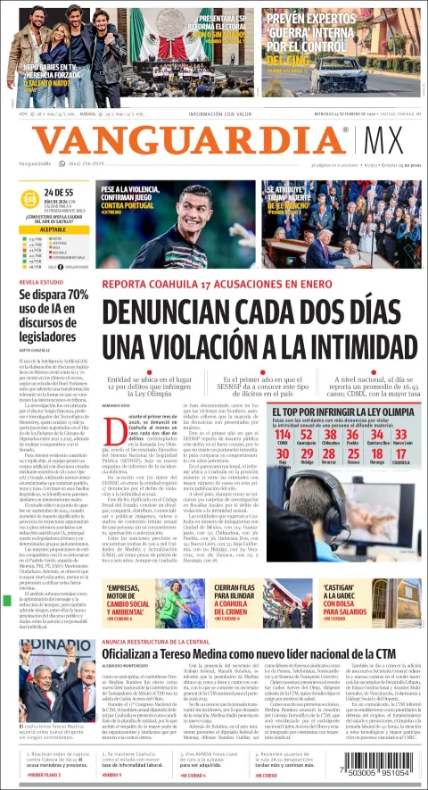 Portada de Vanguardia del miércoles, 25 de febrero de 2026