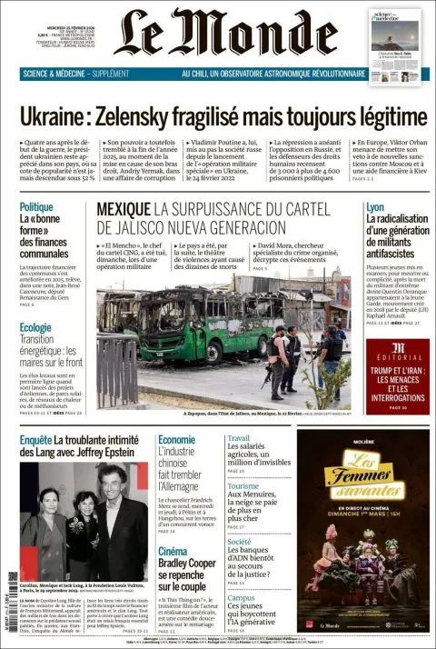 Portada de Le Monde del miércoles, 25 de febrero de 2026