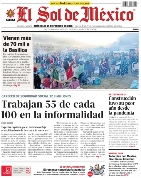Portada de El Sol de Mexico del miércoles, 25 de febrero de 2026