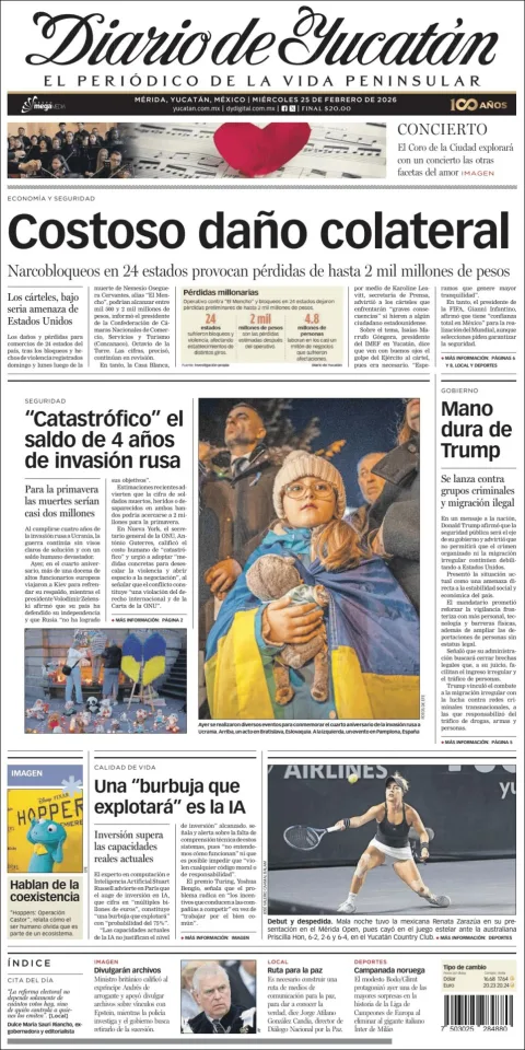 Portada de Diario de Yucatán del miércoles, 25 de febrero de 2026