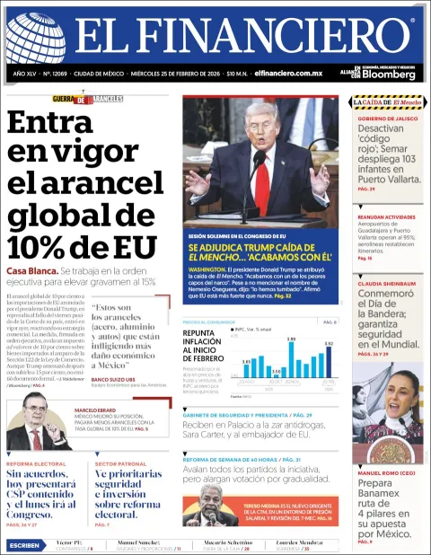 Portada de El Financiero del miércoles, 25 de febrero de 2026