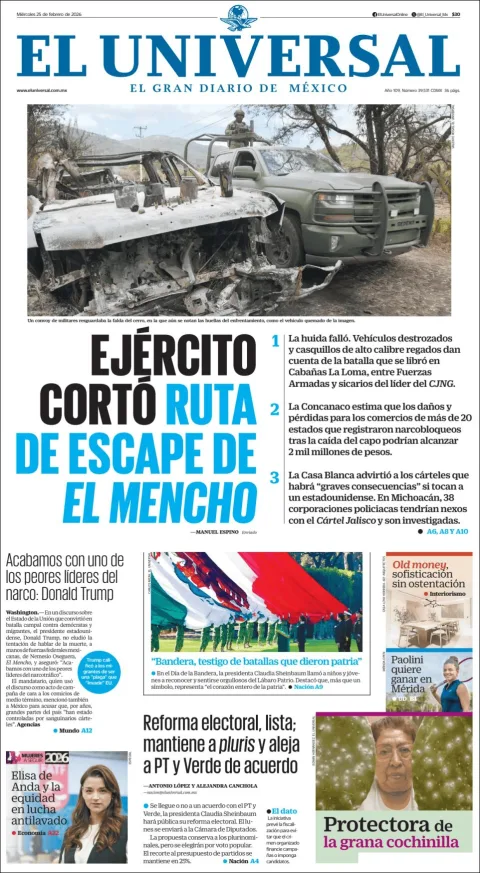 Portada de El Universal del miércoles, 25 de febrero de 2026