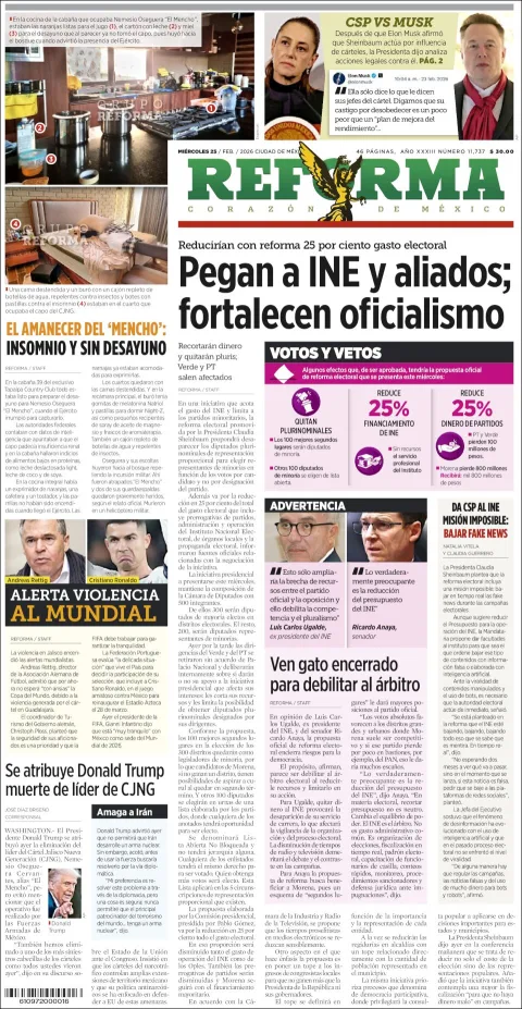 Portada de Reforma del miércoles, 25 de febrero de 2026