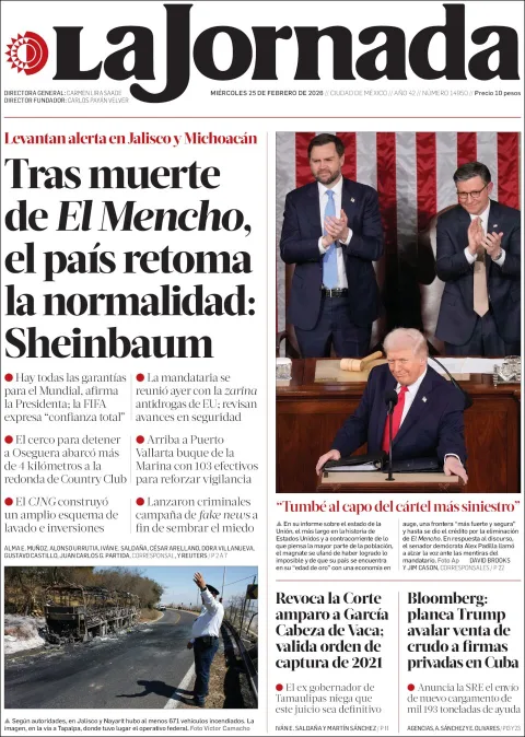 Portada de La Jornada del miércoles, 25 de febrero de 2026