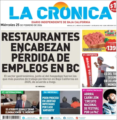 Portada de La Cronica del miércoles, 25 de febrero de 2026
