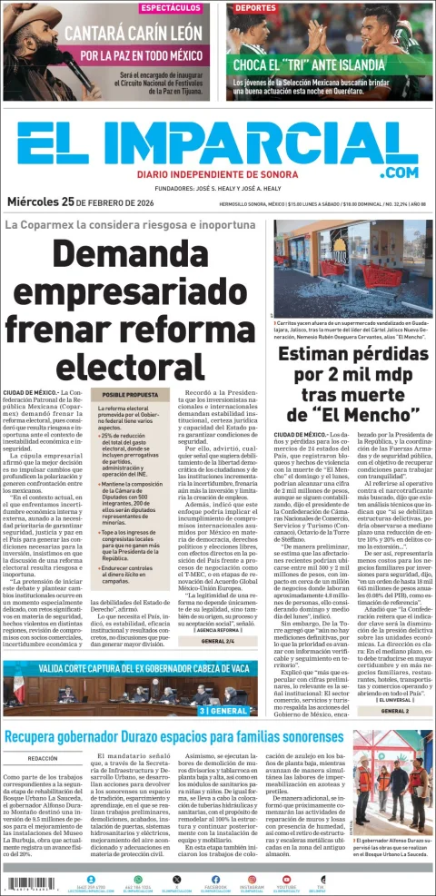 Portada de El Imparcial del miércoles, 25 de febrero de 2026