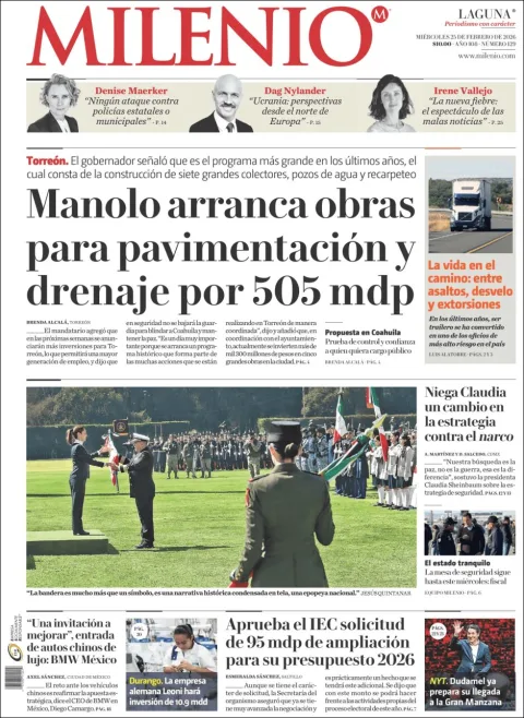 Portada de Milenio Laguna del miércoles, 25 de febrero de 2026