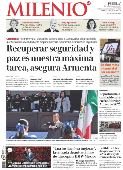 Portada de Milenio Puebla del miércoles, 25 de febrero de 2026