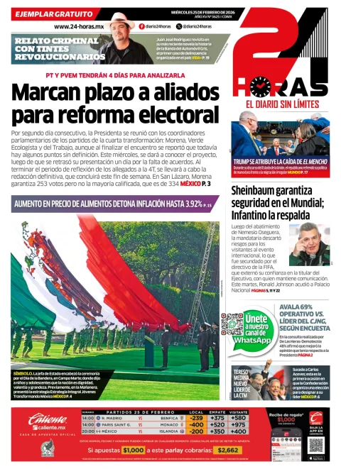 Portada de 24 Horas del miércoles, 25 de febrero de 2026